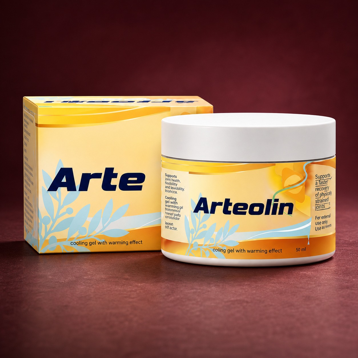 Fotografie reală a produsului Arteolin — borcan 50 ml și cutie